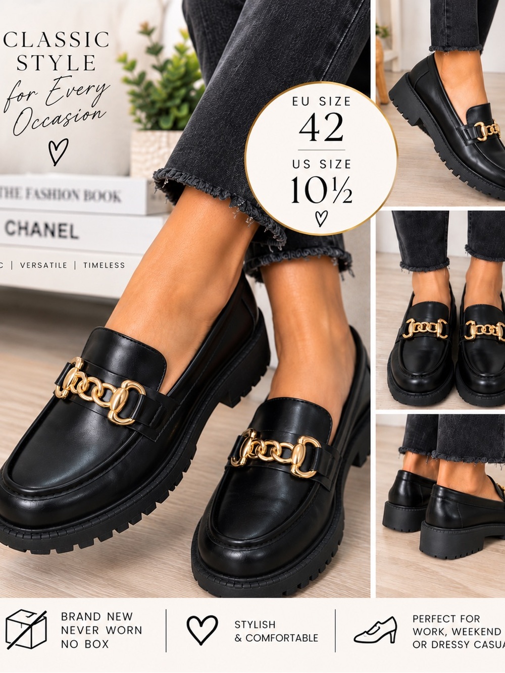 Black Chunky Lug Sole Loafers with Gold Chain Detail – NWOT